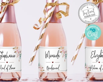 EDITABLE, Will You Be My Bridesmaid, Mini Wine Or Champagne Bottle Labels, Pink Floral Proposal, Corjl Template, Instant Download, DIGITAL