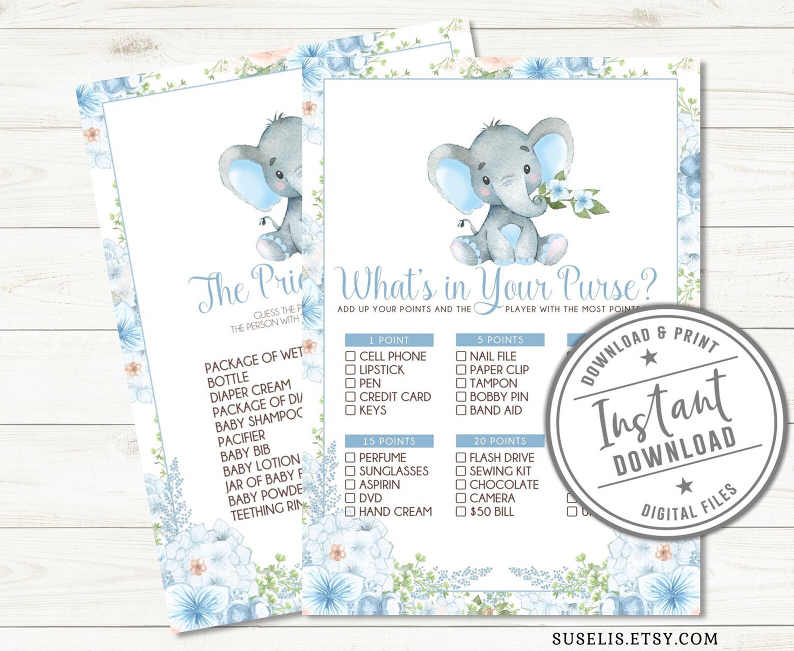 Printable Set of 8 Baby Boy Elephant Games Baby Shower Game | Etsy