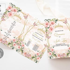 May include: A folded programme and invitation set for a Quinceanera featuring pink roses, gold geometric frames, and butterfly illustrations. The text includes Welcome to the Quinceanera of Sophia Lopez, November 25, 2035, and Order of Events.
