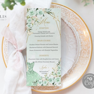 EDITABLE Menu Template, Sage Green Flowers, Butterfly, Quinceanera, Sweet 16, 16th 18th Birthday, Dinner, Printable Instant Download, QU054P