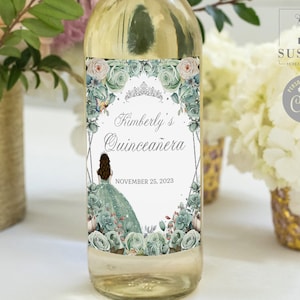 EDITABLE Quinceañera Wine Bottle Label Template, Sage Green Flowers, Butterfly, Mis Quince, Sweet 16, Favor labels, Instant Download, QU204