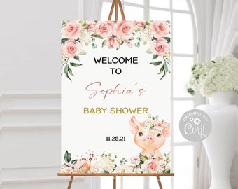 EDITABLE Baby Shower Welcome Sign, Corjl Template, Girl Pig Piglet Theme, Instant Download Signage, Blush Pink Floral, DIGITAL, BS196