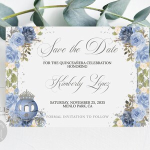 Editable Save the Date Card Template, Baby Blue Flowers, Quinceañera, Sweet 16, Quince, 15th Birthday, Printable, Instant Download, QU116