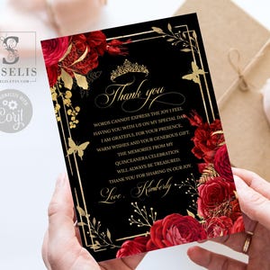 EDITABLE TEMPLATE Thank you Card, Flat, 4x6", Gold Ruby Red Flowers, Sweet 16, Mis Quince, 15th Birthday, Printable, Instant Download, QU140