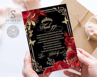 EDITABLE TEMPLATE Thank you Card, Flat, 4x6", Gold Ruby Red Flowers, Sweet 16, Mis Quince, 15th Birthday, Printable, Instant Download, QU140