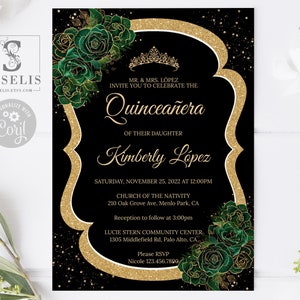 EDITABLE Quinceanera Invitation Template, Emerald Dark Green Roses Flowers, Sweet 16, 15th Birthday, Printable, Instant Download, QU192