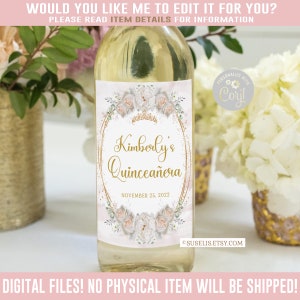 EDITABLE Wine Bottle Labels, White Flowers, Quinceanera, Mis Quince, Favor labels, Corjl Template, Instant Download, Digital, QU166