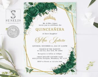 May include: A Quinceañera invitation card featuring dark green roses, a gold geometric frame, and a gold tiara graphic. The text reads: Mr. & Mrs. López invite you to celebrate the QUINCEAÑERA of their daughter Mia Julieta, Saturday, November 25, 2023.