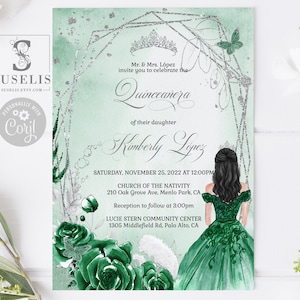 EDITABLE Quinceanera Invitation Template, Emerald Green Flowers, Sweet 16, Mis Quince, 15th Birthday, Printable, Instant Download QU174