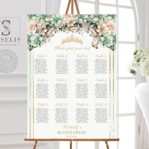 EDITABLE Seating Chart Template, Table Plan, Sage Green Flowers, Quinceañera, 16th 18th Birthday, Wedding, Instant download Printable, QU211