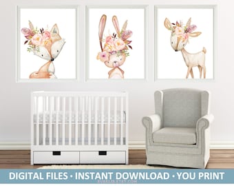 Set of 3 Woodland Animals, Fox, Deer, Bunny Prints, Printable Nursery Decor, Forest poster, Gift for kids, wall sign, Nursery Art, DIGITAL