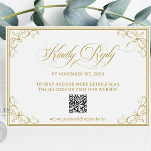 Editable RSVP Card, Kindly Reply, Gold Corners, Upload QR Code, White and Gold, Sweet 16, 15th Birthday, Printable, Instant Download, QU156