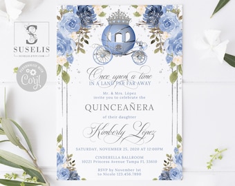 EDITABLE Template Quinceanera Invitation, Blue Floral, Cinderella Princess Carriage, Mis Quince, 15th Birthday, Printable, Instant, QU116