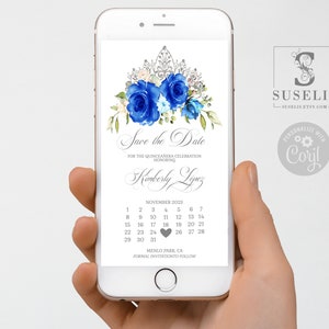 Editable Save the Date Template, Royal Blue Flowers, Text Invite, Quinceañera, Sweet 16, Evite, SMS Email, Printable Instant download, QU021