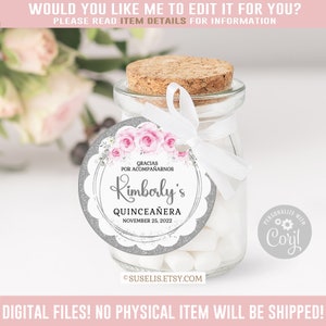 Editable Quinceanera Scalloped Tag, Thank You, Pink Flowers, Gift Favor Tag, Mis Quince 15th Birthday Corjl Template, Instant Download QU166