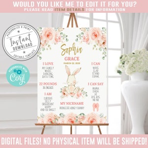 Editable Bunny 1 Birthday Milestone Board, Corjl Template, Instant download, Woodland Animal Forest Sign, You Edit Printable, 10-148, 10-149
