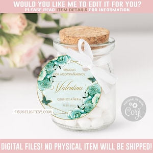Editable Quinceanera Tag, Thank You, Teal Green, Gift tag, Mis Quince Anos, 15th Birthday, Butterfly, Corjl Template Instant Download QU054H