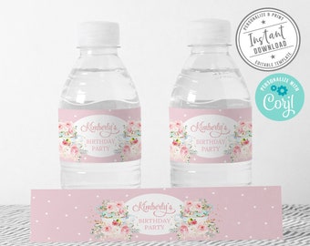 EDITABLE Tea Party Water Bottle Labels, Corjl Template, Birthday Baby shower, Watercolor Flowers, Instant Download Printable Digital, 10-209