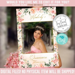 EDITABLE Quinceanera Photo Booth Frame, Corjl Template, Selfie Frame, Pink Butterfly, Mis Quince, 15th Birthday, Instant Download QU054B