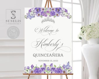 EDITABLE Welcome Sign Template, Quinceañera Sweet 16, Purple Flowers, Poster, Mis Quince, Wedding Signage, Printable Instant Download, QU070