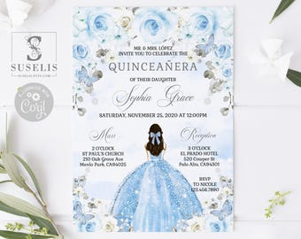 EDITABLE Quinceanera Invitation + Back Template, Baby Blue Silver Flowers, Mis Quince 15th Birthday, Printable, Instant Download QU136