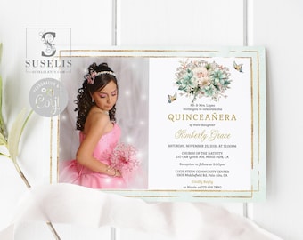 Editable Sage Green Quinceañera Photo Invitation, Floral QU211