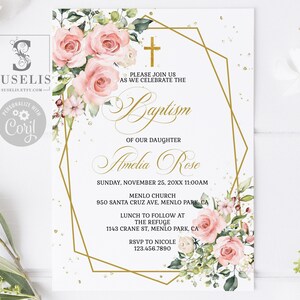 EDITABLE Template Baby Girl Baptism Invitation, Blush Pink Flowers, Christening, Instant Download, Diy, Printable Invite, Digital, SU022