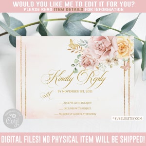 Editable RSVP Card, Kindly Reply, Blush Pink Flowers, Butterfly, Mis Quince Anos, 15th Birthday, Corjl Template, Instant Download, SU041