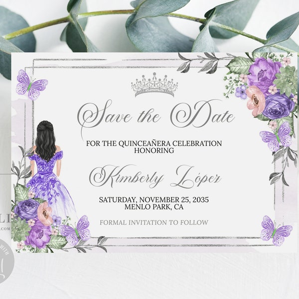 Editable Save the Date Template, Purple Flowers, Butterfly, Quinceañera, Sweet 16, Quince, 15th Birthday, Printable, Instant Download, QU184