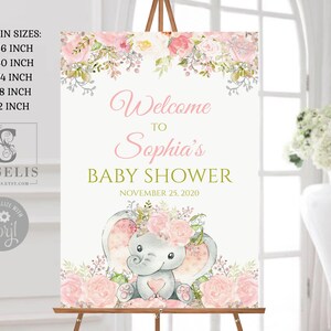 EDITABLE Baby Shower Welcome Sign, Girl Elephant Theme, Instant Download Signage, Watercolor Flowers, Jungle, Corjl Template, DIGITAL, BS108 afbeelding 2
