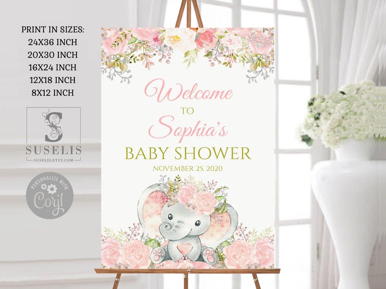 EDITABLE Baby Shower Welcome Sign, Girl Elephant Theme, Instant Download Signage, Watercolor Flowers, Jungle, Corjl Template, DIGITAL, BS108 afbeelding 2