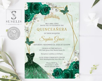 May include: A Quinceañera invitation card featuring dark emerald green roses, a gold geometric frame, a gold tiara, and two butterflies. The text reads: Mr. & Mrs. López invite you to celebrate the Quinceañera of their daughter Sophia Grace.