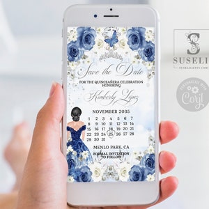 Editable Save the Date Template, Blue Flowers, Text Invite, Quinceañera, Sweet 16, Evite, SMS Email, Printable Instant download, QU084A