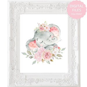Printable Set of 3, Baby Elephant Prints, Nursery Decor, Girl Floral ...