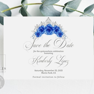 EDITABLE TEMPLATE Save the Date Card, Royal Blue Silver Flowers, Quinceanera, Mis Quince, Sweet Sixteen, Printable, Instant Download, QU091