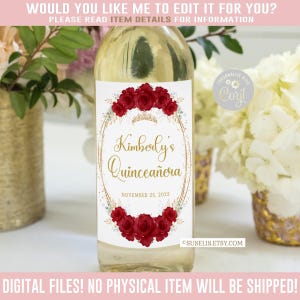 EDITABLE Wine Bottle Labels, Ruby Red Flowers, Quinceanera, Mis Quince, Favor labels, Corjl Template, Instant Download, Digital, QU166