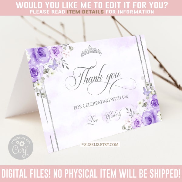 Editable Thank you Card Folded, Lilac Purple Flowers, Wedding, Quinceanera, Mis Quince 15th Birthday Corjl Template, Instant Download, QU136