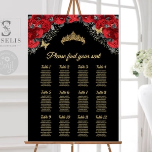 EDITABLE Seating Chart Template, Table Plan, Black Red Flowers, Quinceañera, 16th 18th Birthday, Wedding, Instant download Printable, QU171