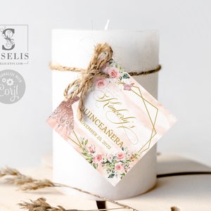 Editable Quinceañera Square Tag Template, Blush Pink Flowers, Candle Tag, Mis Quince 15th Birthday, Instant Download, DIGITAL, QU054B