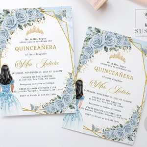 EDITABLE Quinceanera Invitation & Back Template, Baby Blue Flowers, Butterfly, Sweet 16, 15th Birthday, Printable, Instant Download, QU197