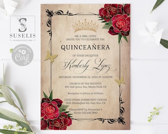 EDITABLE Quinceanera Invitation & Back Template, Vintage Red Roses Flowers, Mis Quince, Sweet Sixteen, Printable, Instant Download, QU182