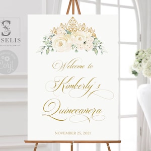 EDITABLE Quinceañera Welcome Sign Template, White Flowers, Sweet 16, Poster, Signage, Mis Quince Anos, Sweet Sixteen, Instant Download QU021