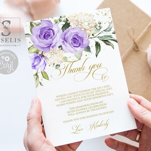 Editable Thank you Card Template, Lilac Flowers, Quinceañera, Sweet Sixteen, Sweet 16, Printable, Instant Download, QU020