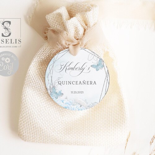 Editable Quinceanera Tag Template, Thank You, Silver Blue, Gift tag, Mis Quince, Sweet Sixteen, Sweet 16, Butterfly, Instant Download QU069