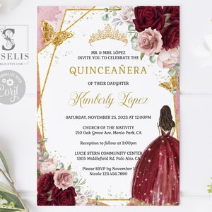 EDITABLE Quinceanera Invitation Template, Red Burgundy Flowers, Butterfly, Mis Quince, Sweet Sixteen, Printable, Instant Download, QU190