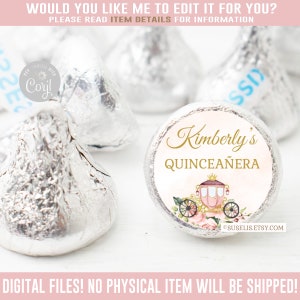 Editable Quinceanera Chocolate Kisses Label, Pink Princess Carriage, Mis Quince Anos, 15th Birthday, Corjl Template, Instant Download QU120
