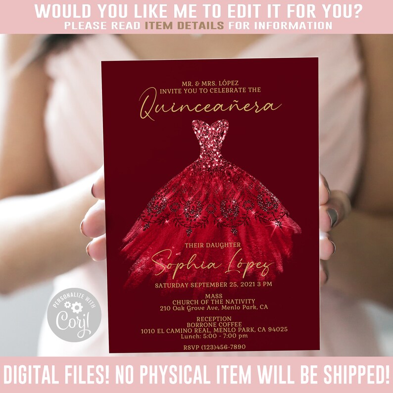 EDITABLE Quinceanera Invitation Red Dress Theme Mis Quince Etsy Australia