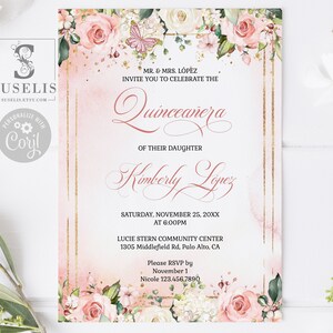 EDITABLE Template Quinceanera Invitation, Blush Pink, Rose Gold Flowers, Mis Quince, Sweet 16, Printable, Instant Download, Digital, QU059