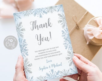 Editable Winter Wonderland Thank you Card, Corjl Template, Snowflake Silver Blue, Baby Shower, Instant Download, Printable DIGITAL, BS155