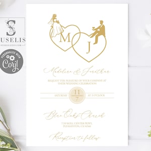 EDITABLE Monogram Wedding Invitation Template, Gold Heart Initials Couple, Wedding Invite, Printable, Instant Download, WS115